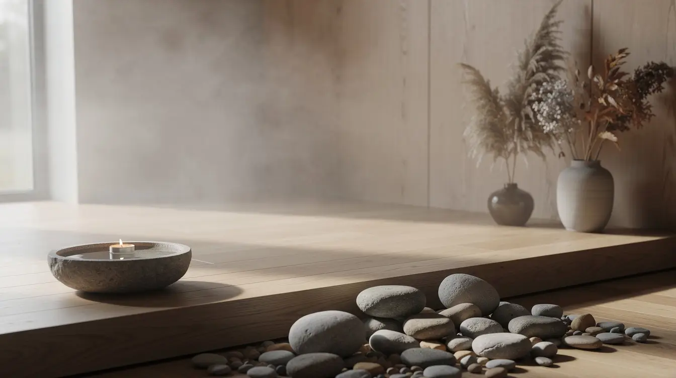 Espace zen avec textures naturelles et ambiance apaisante, représentant la naturopathie et le bien-être.