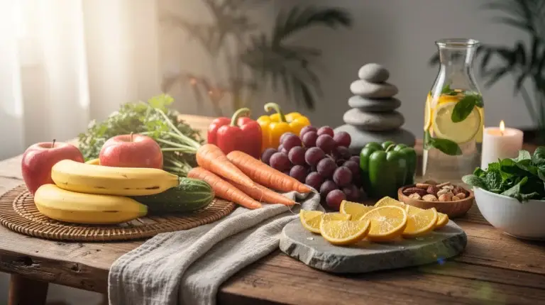 Composition apaisante de fruits et légumes colorés dans un cadre zen, reflet de la naturopathie et du bien-être.