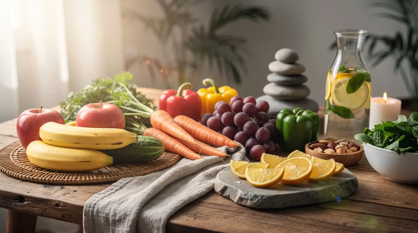 Composition apaisante de fruits et légumes colorés dans un cadre zen, reflet de la naturopathie et du bien-être.