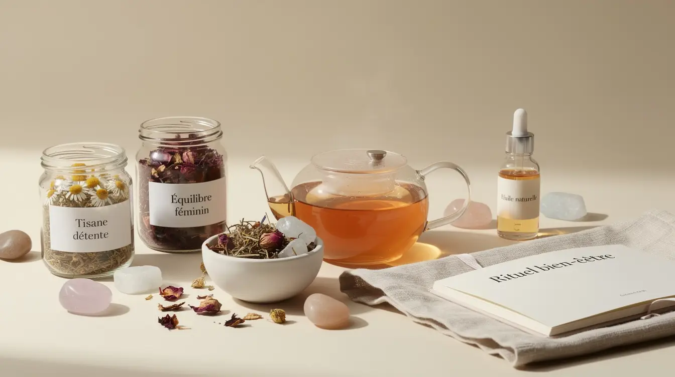 Composition de plantes séchées, tisanes et pierres naturelles dans un environnement zen, évoquant le bien-être et la naturopathie.