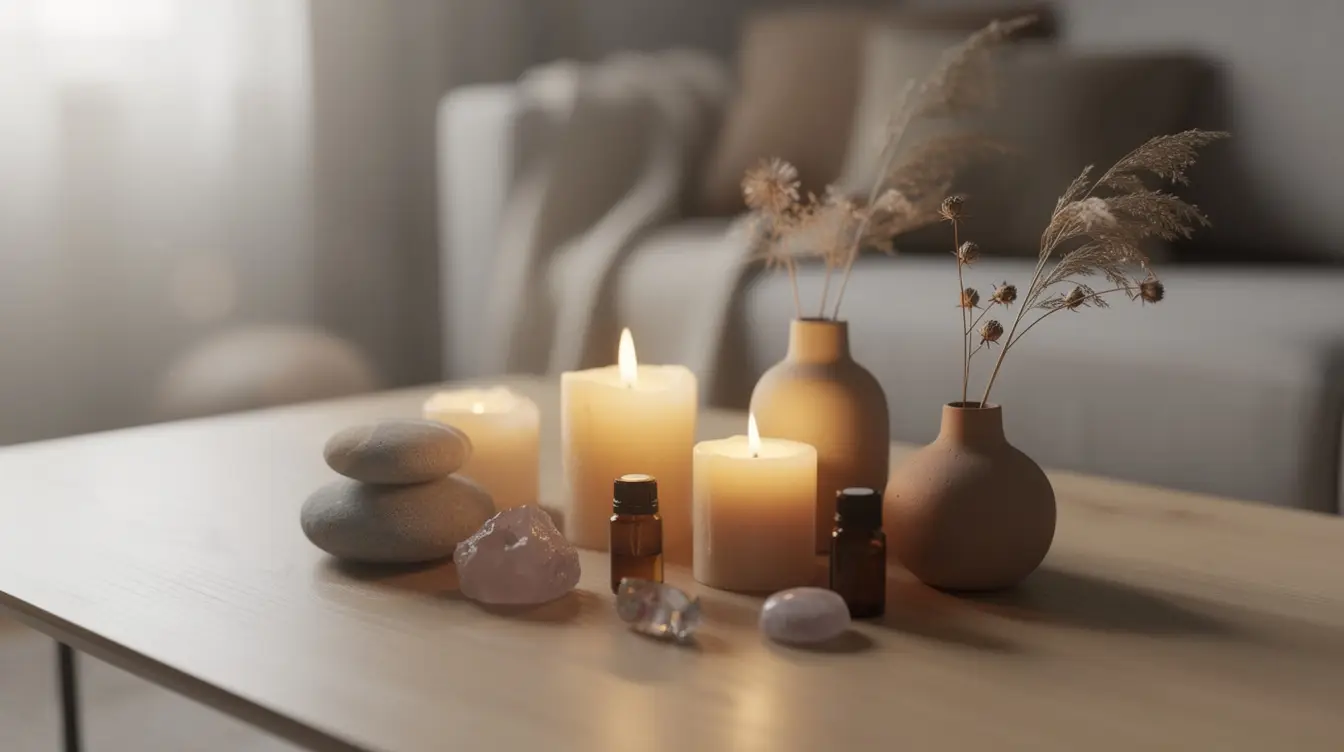 Espace zen avec objets naturels pour micronutrition, ambiance douce et apaisante.