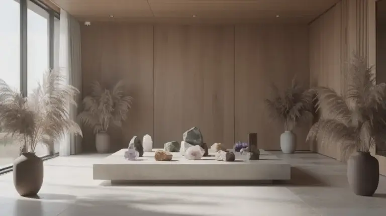 Intérieur moderne et apaisant inspiré par la naturopathie avec des matériaux naturels et lumière douce.