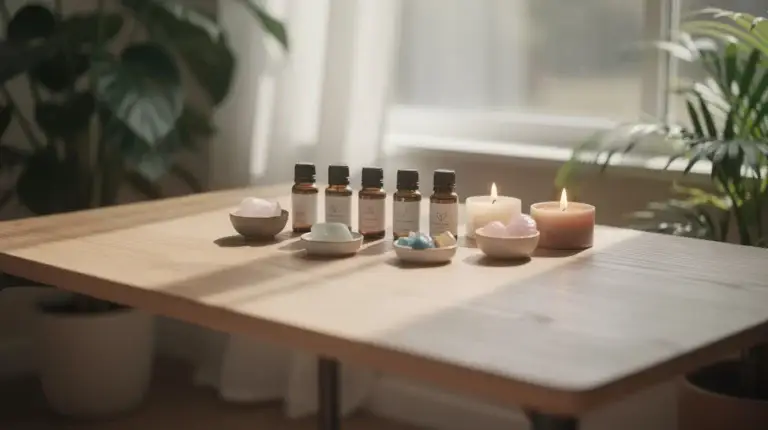 Espace de bien-être avec éléments naturels, huiles essentielles et cristaux, évoquant l'équilibre hormonal et la naturopathie.