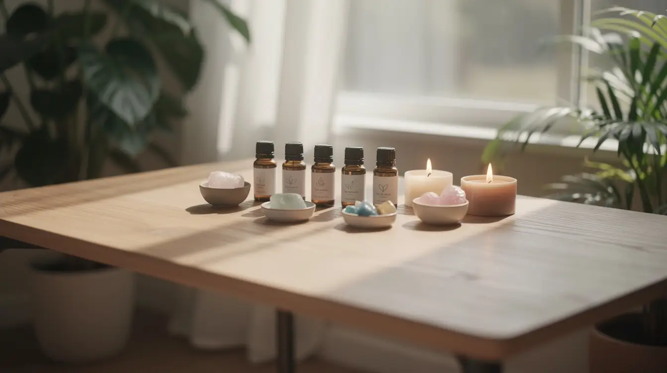 Espace de bien-être avec éléments naturels, huiles essentielles et cristaux, évoquant l'équilibre hormonal et la naturopathie.