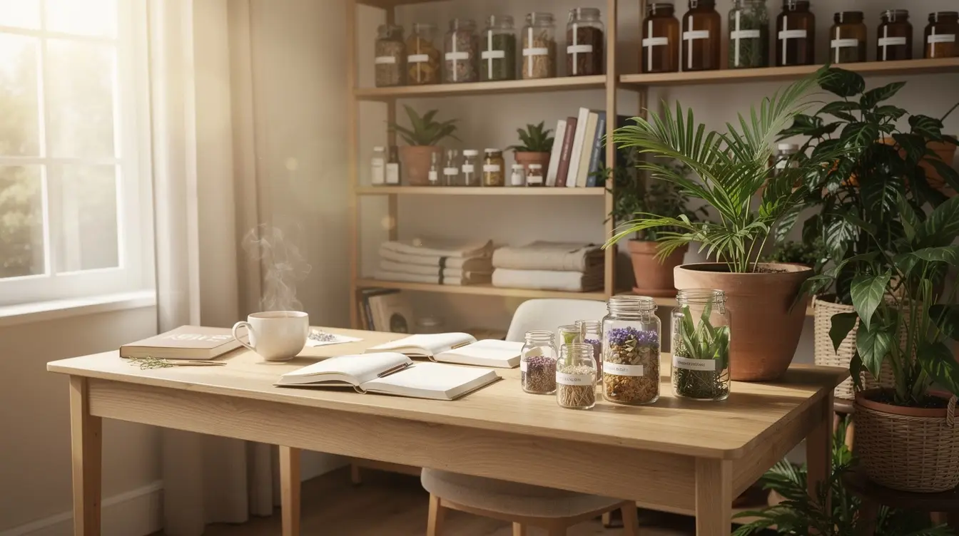 Espace de bien-être avec des matériaux naturels, plantes vertes et remèdes à base de plantes, lumière naturelle douce.