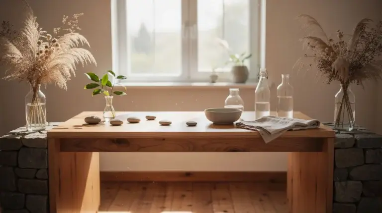 Espace de travail zen en naturopathie, intégrant des éléments naturels comme le bois, la pierre, et des plantes sèches, éclairé par une lumière douce.