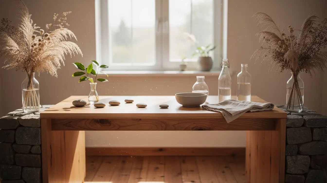 Espace de travail zen en naturopathie, intégrant des éléments naturels comme le bois, la pierre, et des plantes sèches, éclairé par une lumière douce.