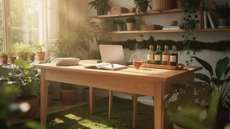 Espace de travail zen avec meubles en bois, plantes et bouteilles de tisanes pour évoquer la santé naturelle et le bien-être.