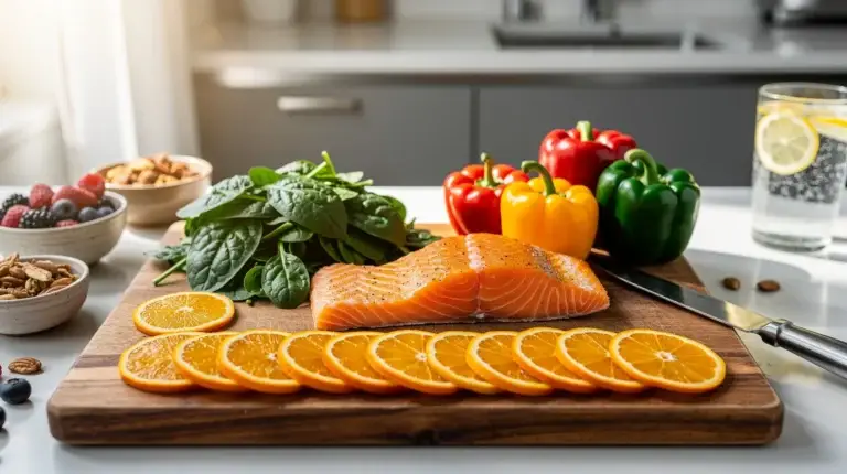 Composition de fruits et légumes riches en vitamines et minéraux pour une alimentation saine.