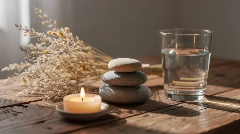 Composition zen avec des objets naturels évoquant le bien-être, incluant bois, pierres, plantes séchées et lumière douce.