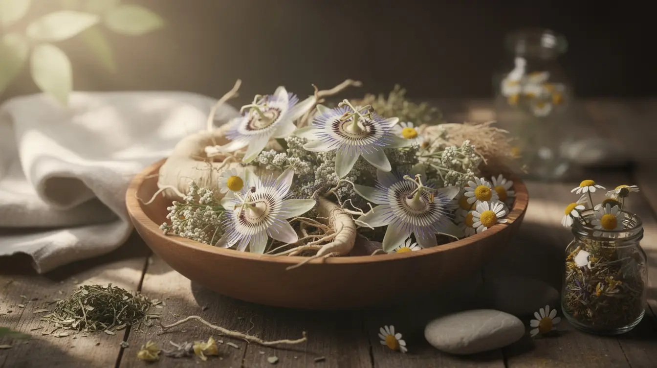 Composition apaisante de plantes calmantes comme la valériane et la camomille dans un décor naturel, évoquant le bien-être et la naturopathie.