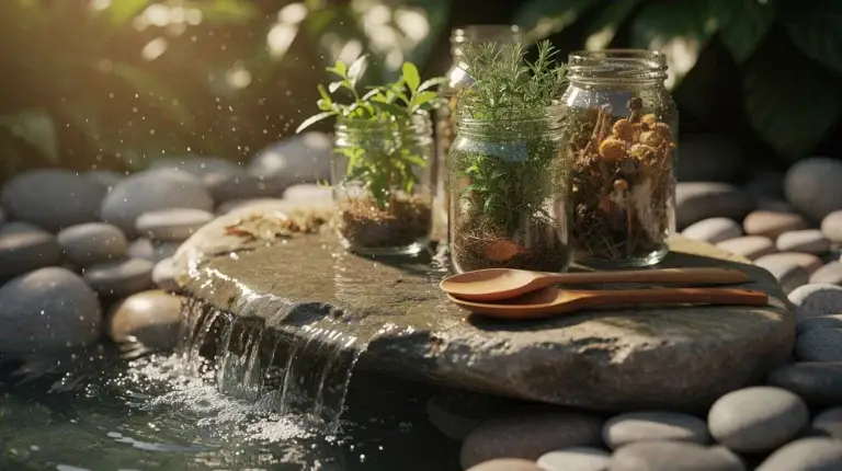 Scène de bien-être avec eau, pierres lisses, pots d'herbes et lumière naturelle.