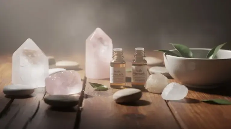 Composition harmonieuse d'huiles essentielles et de cristaux sur fond en bois, évoquant la naturopathie et le bien-être.