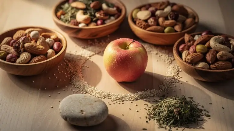 Composition harmonieuse d'éléments naturels pour la santé : bols en bois, fruits frais, grains et herbes séchées.