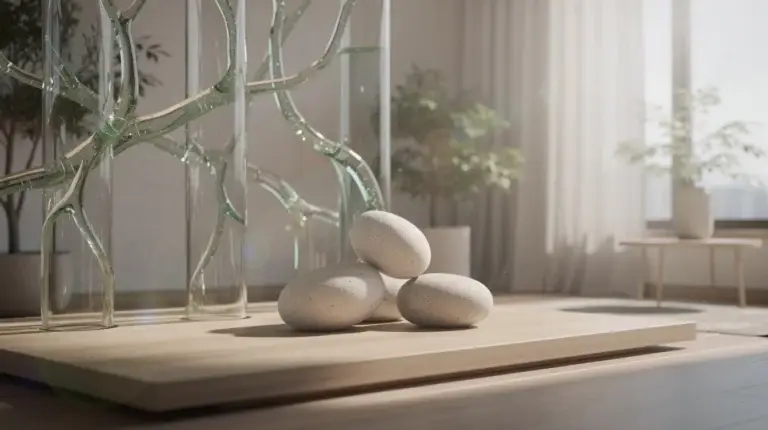 Représentation apaisante des éléments du système lymphatique dans un cadre zen et moderne.
