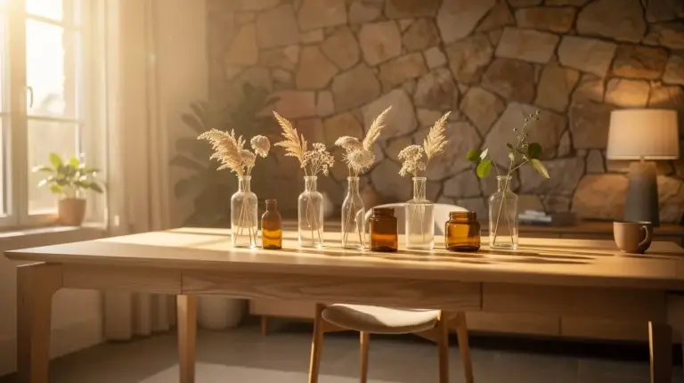 Espace zen moderne avec matériaux naturels et objets de bien-être, évoquant la naturopathie.