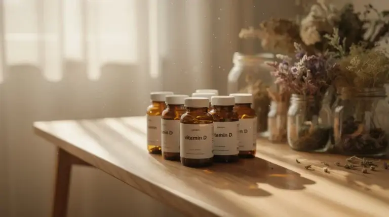 Espace zen avec des compléments de vitamine D, lumière solaire, et éléments naturels évoquant la naturopathie.